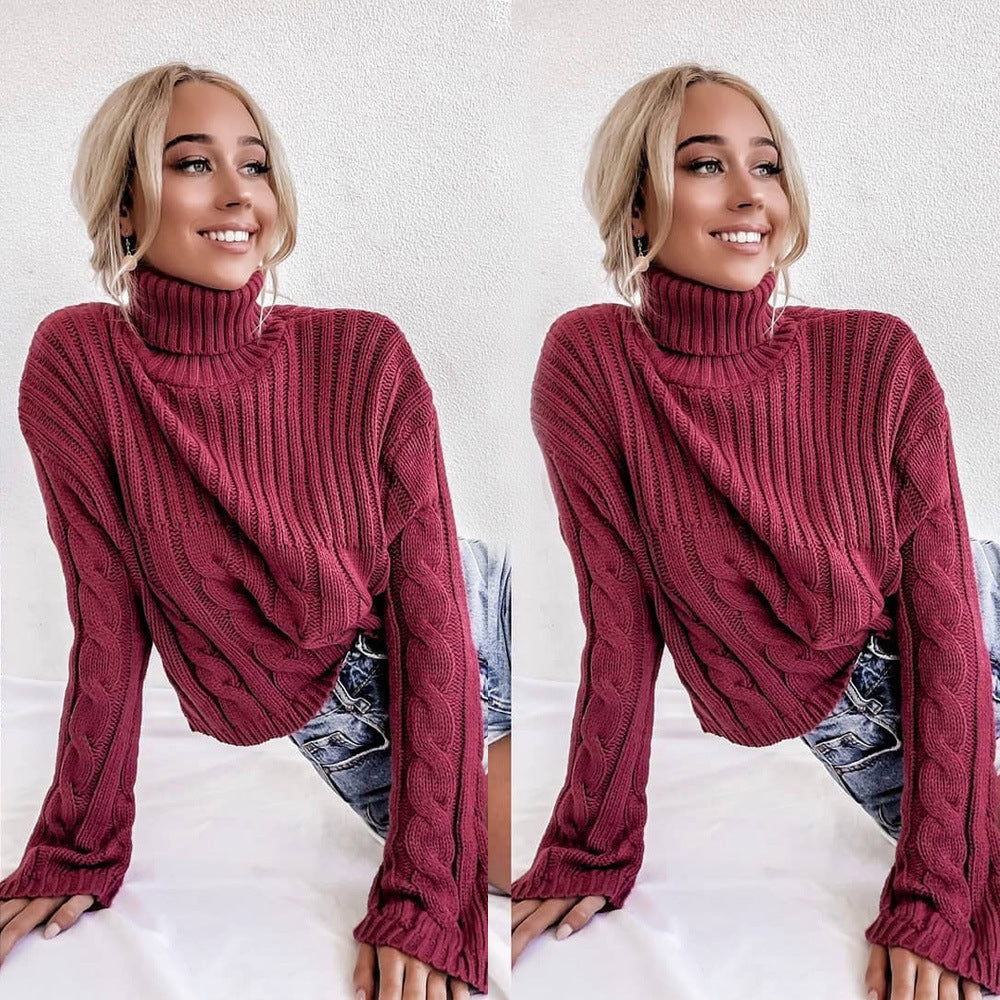 Solid color turtleneck long sleeve sweater