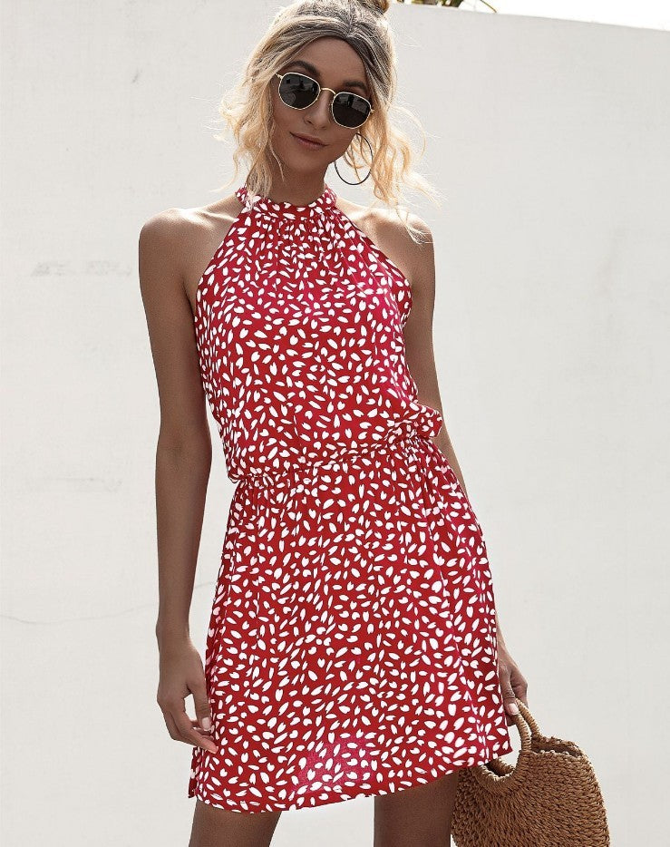 Off-The-Shoulder Halter Neck Strap Heart-Shaped Print Dress Skirt