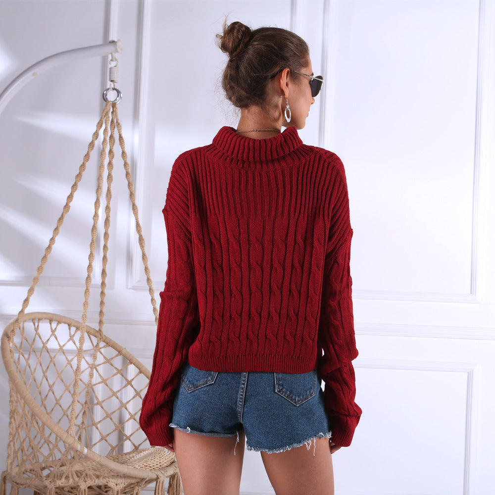 Solid color turtleneck long sleeve sweater