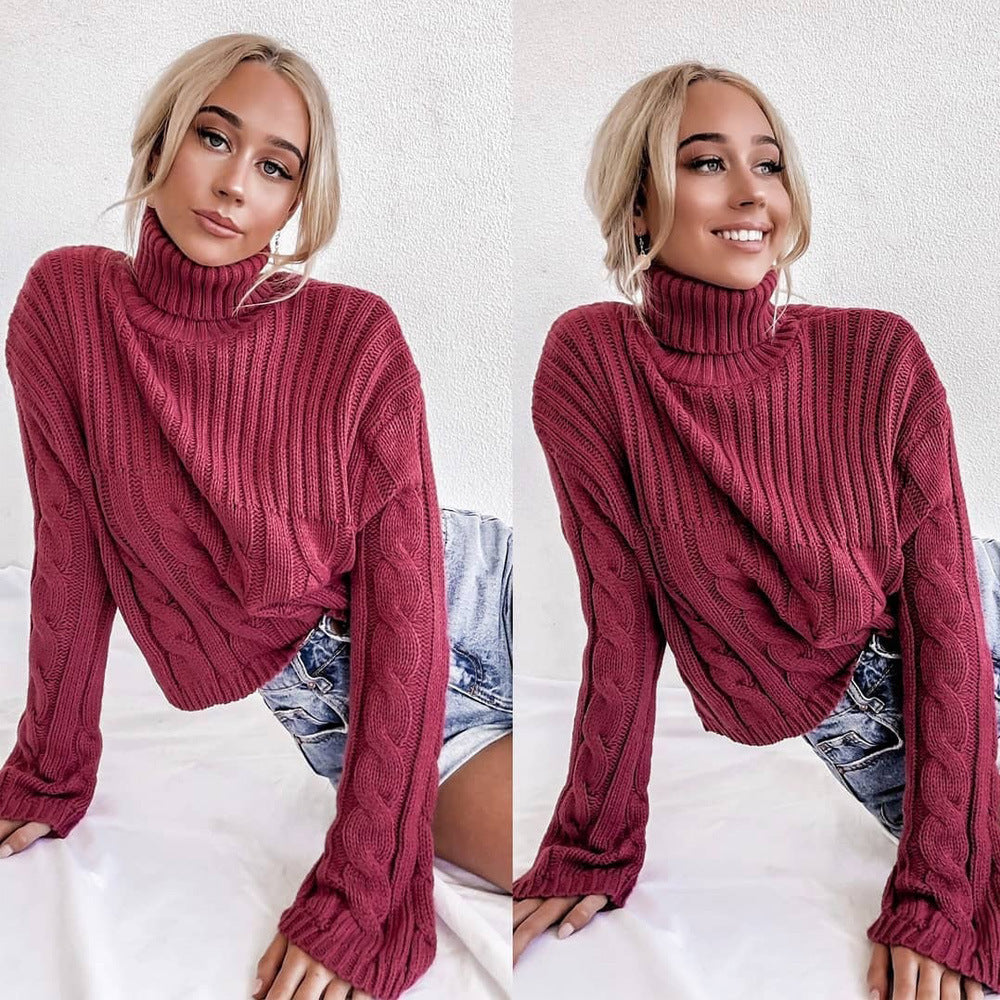 Solid color turtleneck long sleeve sweater