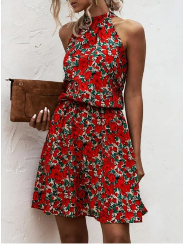 Off-The-Shoulder Halter Neck Strap Heart-Shaped Print Dress Skirt