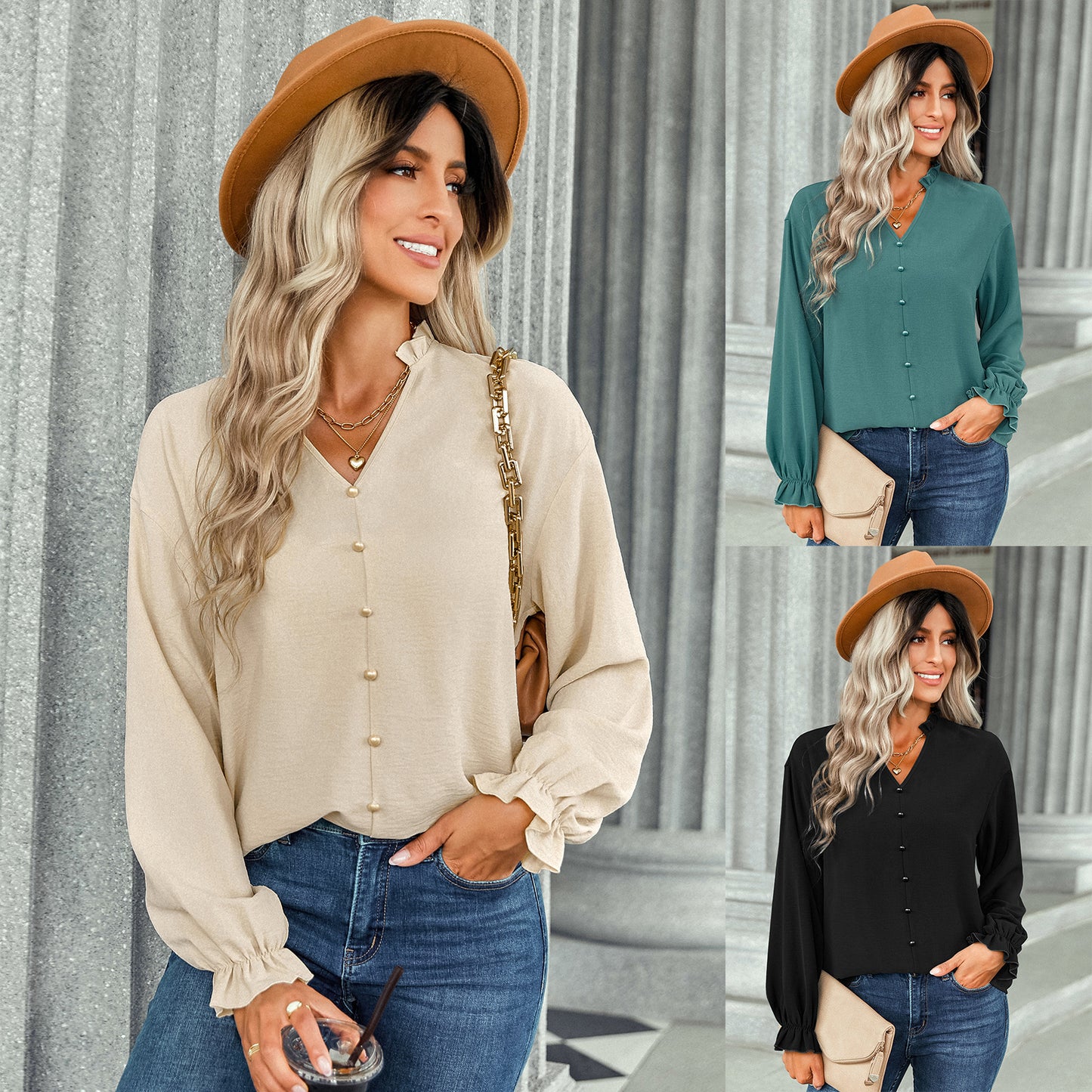 Fashion Button Decoration Solid Color Shirt