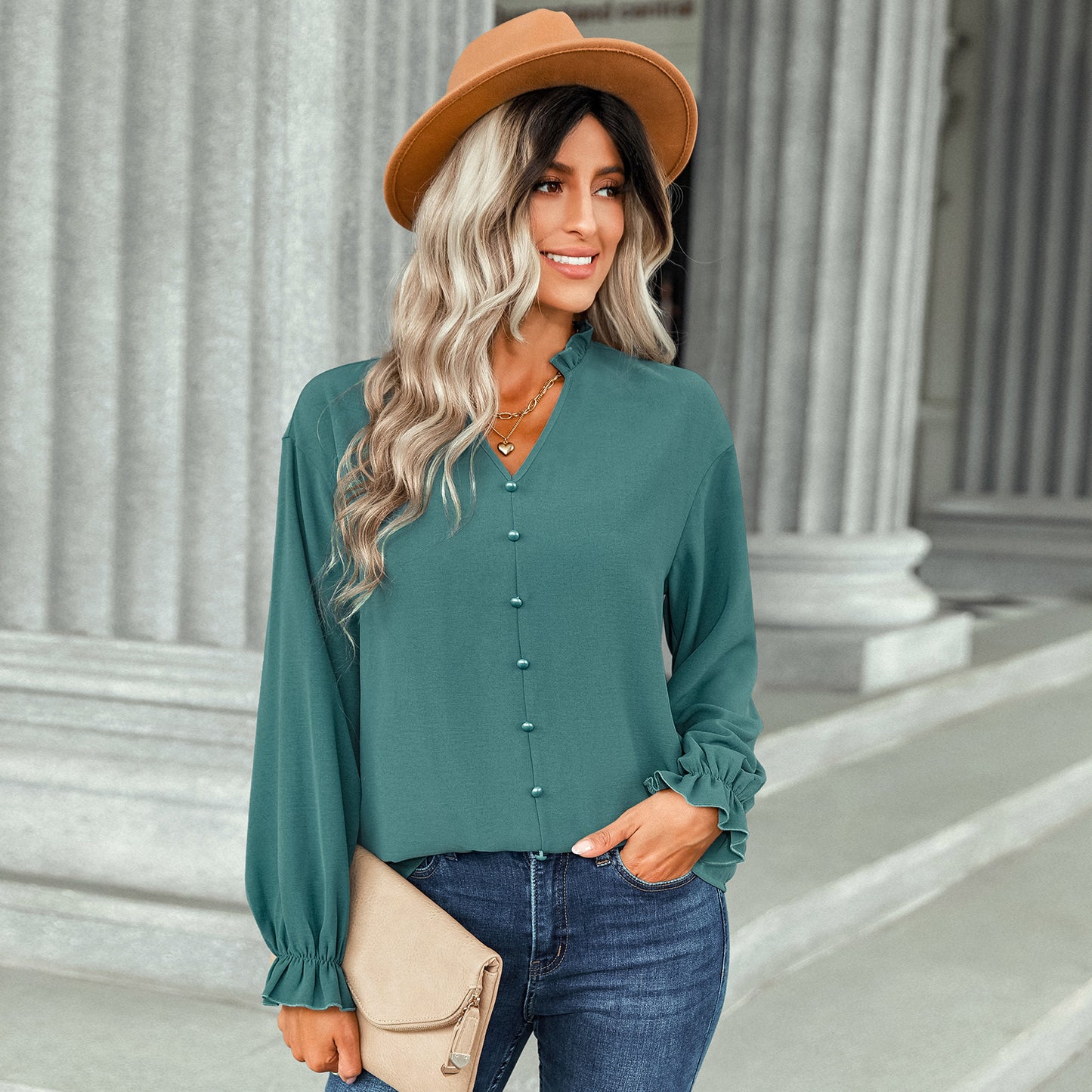 Fashion Button Decoration Solid Color Shirt